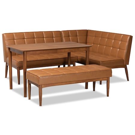 Baxton Studio Sanford Mid-Century Modern Tan Faux Leather and Walnut Brown Finished Wood 4-Piece Dining Nook Set 184-11346-11348-9305-Zoro